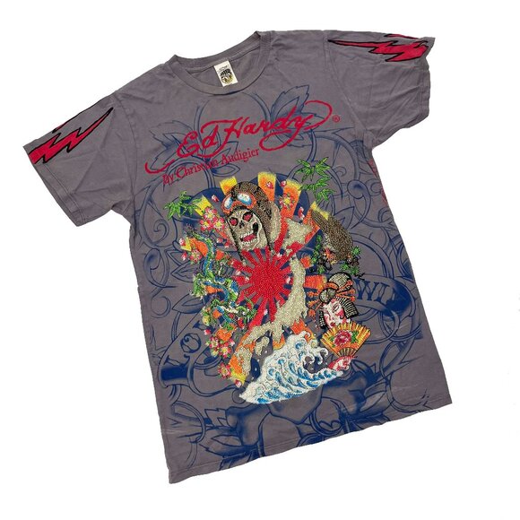 Vintage Ed Hardy Christian Audiger All Over Print Rhinestone Skull T-Shirt - Picture 1 of 4